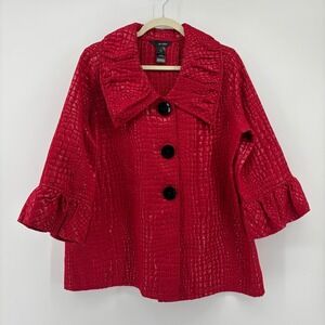 Ali Miles Womens Large Red Croc Embossed Jacket Ruffle Collar Metallic Statement